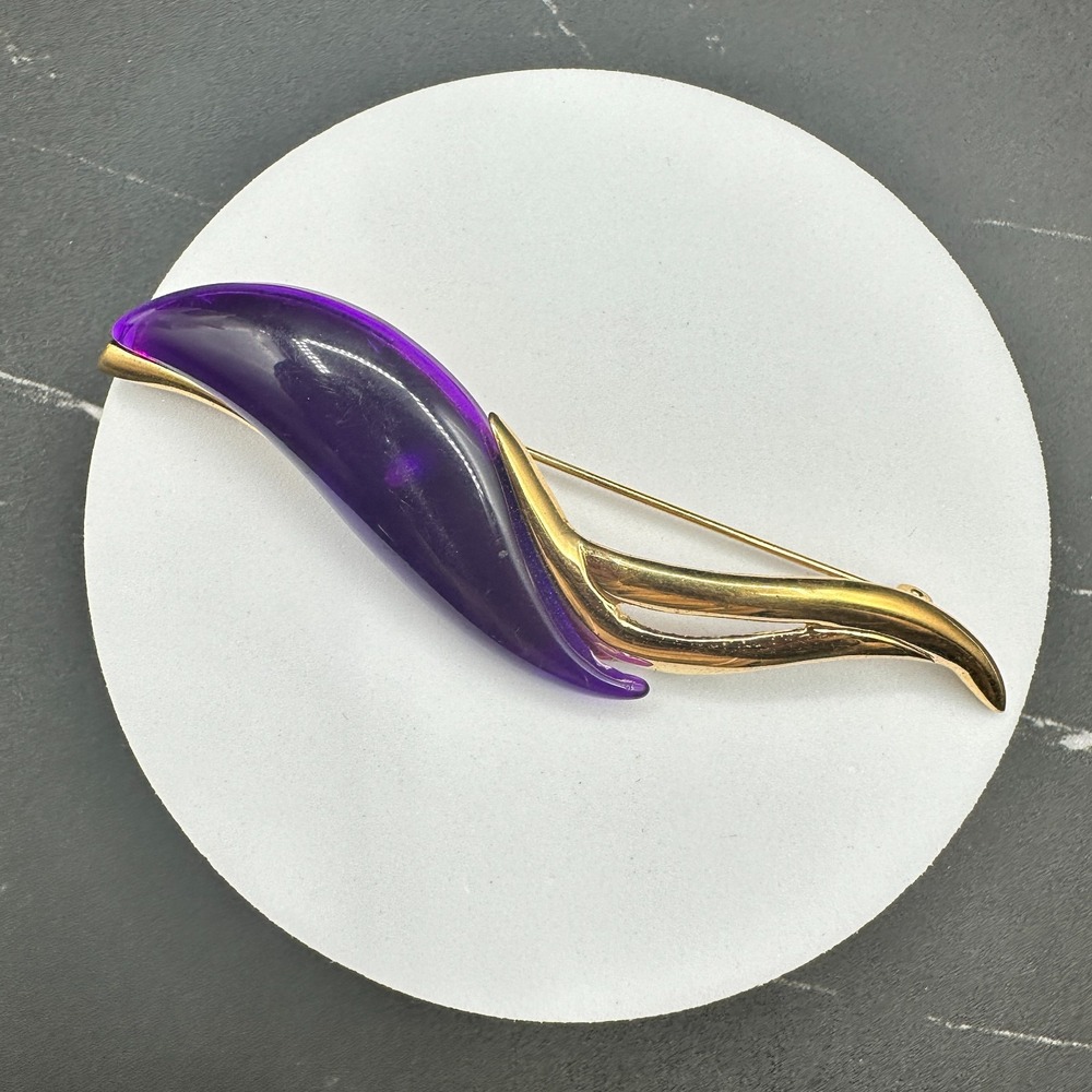 VTG Parklane Purple Lucite Gold Tone Abstract Brooch Pin Retro Statement